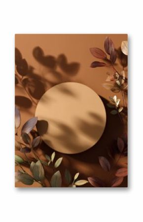 vibrant picture of round cylinder podium with leaves shadows on brown background top view flat lay aesthetic showcase for product presentation  high detail 8k