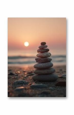 Stack of balanced pebbles on a beach during sunset serene atmosphere