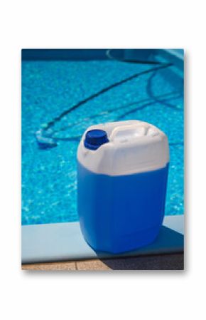 Blue chemical container with a screw cap standing on poolside edge, used for disinfecting and maintaining the clarity of swimming pool water in summer.