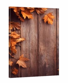 Fallen autumn leaves on rustic wooden surface, vertical background with copy space.
