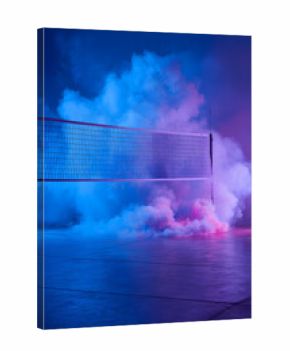 Volleyball Net with Vibrant Colorful Smoke in Blue and Pink Light 