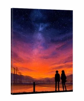 Silhouette of Couple Gazing at Starry Night Sky with Vibrant Sunset Hues in Anime Style Illustration