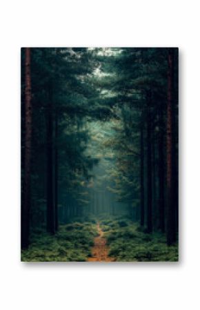 Mysterious, winding forest path disappearing into misty, ethereal light amidst tall, dark pine trees and lush green undergrowth, evoking sense of tranquil journey and deep wilderness
