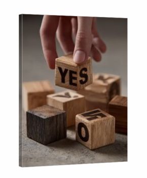 yes or no decision time making choices with wooden blocks  a hand