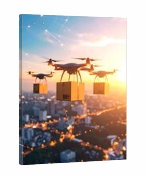 Drones delivering packages above a city at sunset