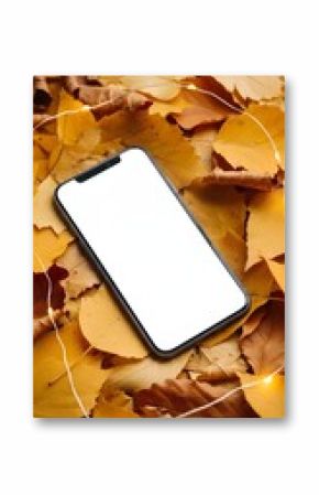 Smartphone Mockup on Golden Autumn Leaves with Fairy Lights