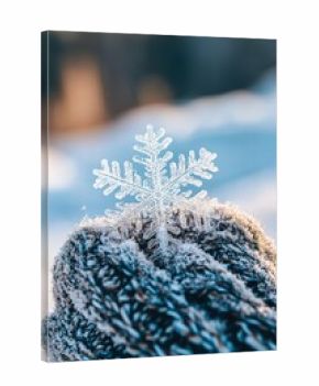 Snowflake on wool glove in winter landscape