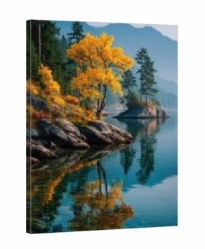 Colorful autumn tree reflected in serene lake surrounded by mountains and pine trees during early morning light