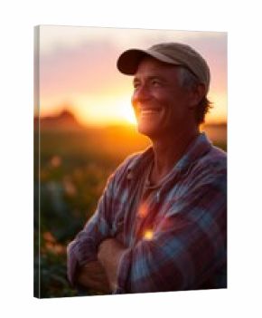 Farmer smiles at sunset while standing confidently in the field, showcasing a moment of gratitude and connection with nature