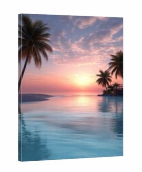 Tropical Beach Sunset with Palm Trees and Calm Ocean Water Reflection, Colorful Sky