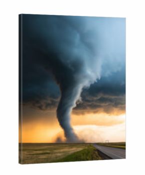 Massive tornado funnel cloud approaching open landscape.  