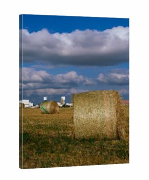Round hay bales on farmland in Saskatchewan, Canada, with large white industrial buildings and storage domes in the background under dramatic cloudy sky.