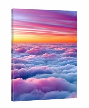 Colorful sunset over fluffy pink and purple clouds above a tranquil horizon in a serene sky