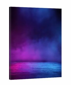 Stunning photo of empty dark room with neon lights and smoke for product presentation.