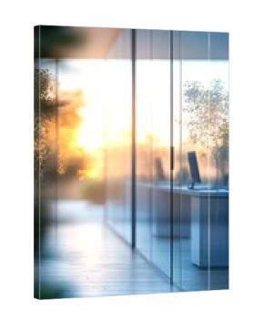 Modern office space with glass walls during sunset revealing a serene landscape outside