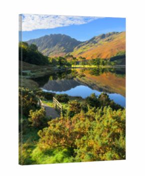 Buttermere lake reflections in the Lake District National Park on an autumn morning.