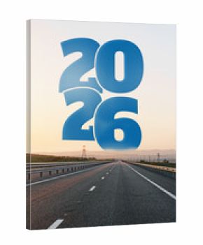 Road stretches towards horizon with bold 2026 overlay at sunset