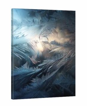 Frosted ice patterns on glass with blue light glow and winter texture