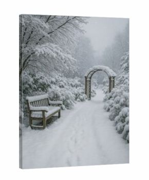 Serene snowy garden pathway scene.