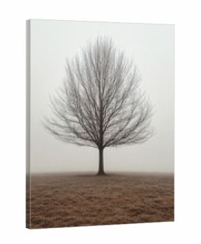 Hyperrealistic scene of a solitary tree standing in a foggy meadow with soft sunrise light, evoking tranquility, solitude, and atmospheric morning beauty.