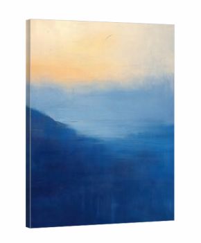 Soft gradient of misty blue hills fading into light peach sky at sunrise or sunset with calm and serene atmosphere