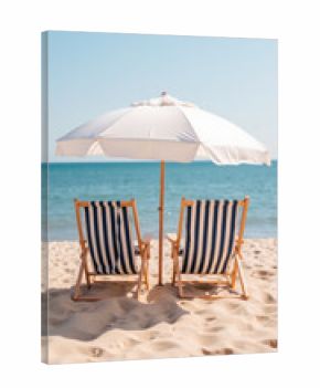Relaxing beach scene with two striped chairs under large umbrella, overlooking calm blue waters and soft sandy shore