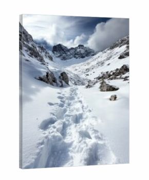 Deep fresh snow blankets a majestic winter mountain valley with steep rocky slopes. Winding footprints create a clear path leading towards distant frosted peaks under a dramatic cloudy sky.