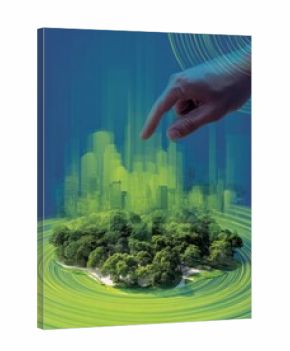 Digital Interaction With Nature and Urban Landscapes Blending in a Futuristic Scene Featuring a Hand Reaching for a Lush Green Island