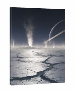 Breathtaking view of enceladus  icy terrain, water geysers, and saturn on the horizon