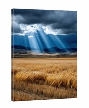 Stunning light rays breaking through dark clouds over golden fields in a rural landscape