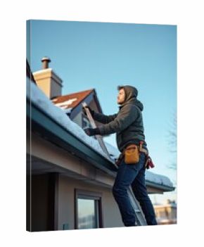Man repairs roof in winter. Contractor on ladder cleans snow from house gutter. Roofer maintenance work at height. Technician works on house exterior. Home repair job during winter season.