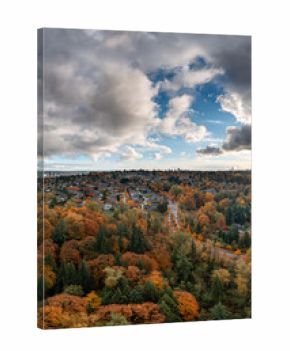 Autumn Aerial View Of Burnaby Neighborhoods And Colorful Forests In Greater Vancouver