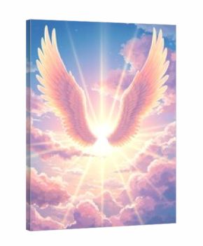Ethereal wings in the heaven radiate a heavenly light among soft clouds in the sky