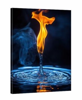 Flame transitions into water, creating ripples in a dark, surreal environment