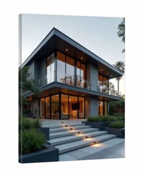 Modern house with big windows. Villa with garden. Residence building architecture with glass facade. Contemporary home exterior design. Luxury real property. Private grey house, modern architecture