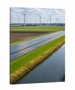 Expansive solar farm and wind turbines in a rural landscape with a canal.