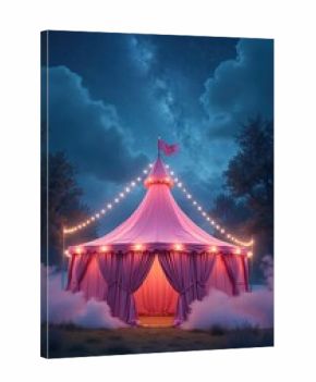 Enchanted pink circus tent glows under starry night. Lights adorn tent against dark skies. Smoke adds mystical touch. Trees surround magical fairytale scene. Ideal for whimsical event concepts