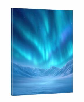 Colorful northern lights illuminate the night sky above vast, snowy mountains. The scene captures the beauty and tranquility of a winter evening, with brilliant hues and a peaceful landscape