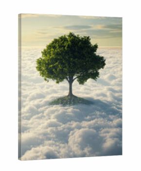 Virtual tree growing above the clouds with glowing branches and digital roots representing growth, nature, technology, surreal landscape, futuristic environment, and abstract digital visualization