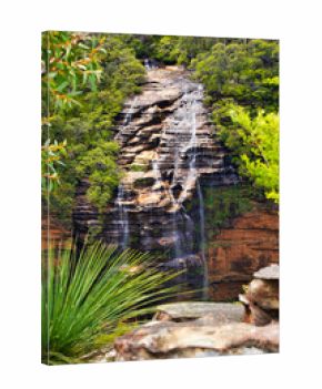 Scenic tiered waterfall flowing over sandstone cliffs in lush Australian forest