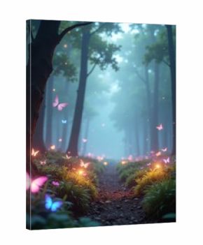 bosque mágico y de fantasía envuelto en una atmósfera etérea y misteriosa, al anochece.