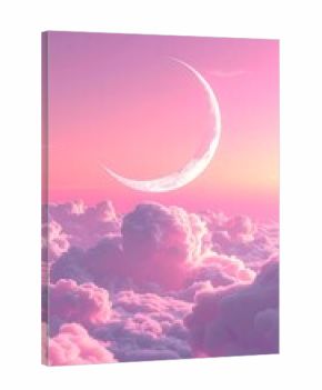 Dreamy skyscape with billowing pink clouds and a crescent moon in a pastel-colored, tranquil twilight