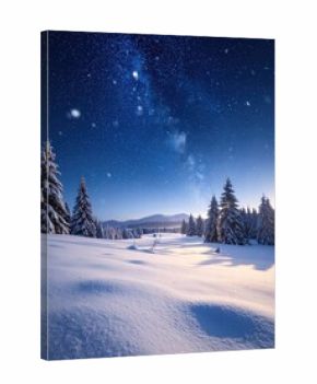A snowy pine forest under a magical, starry night sky as snowflakes fall