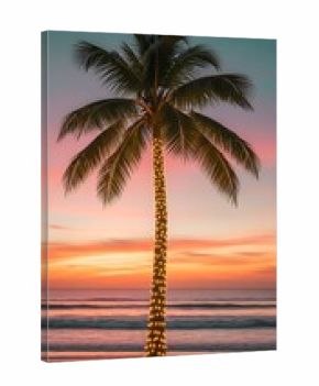 Tropical christmas eve: palm tree adorned with festive lights on a serene beach at sunset, with ocean waves and a gift box.