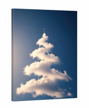 An airplane flying above a cloud formation shaped like a Christmas tree in a clear blue sky