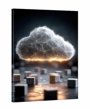 Glowing cloud network over data blocks and circuitry, symbolizing cloud computing and digital connectivity