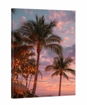 Beautiful Sunset Over Palm Trees With Lights Near the Beach in a Tropical Paradise