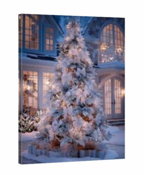 Beautifully Decorated Christmas Tree in Front of a Charming Winter Home