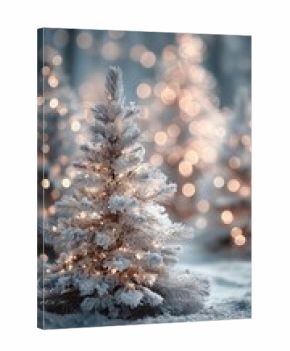 Winter Wonderland Scene With a Snowy Christmas Tree and Glowing Lights in a Festive Setting
