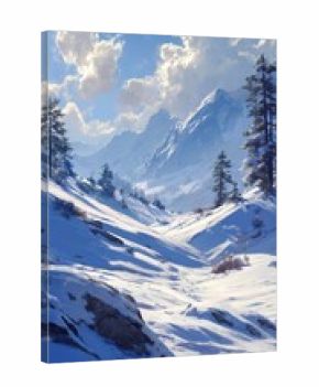 Snowy Mountain Landscape With Tall Trees and Blue Skies During Winter Morning